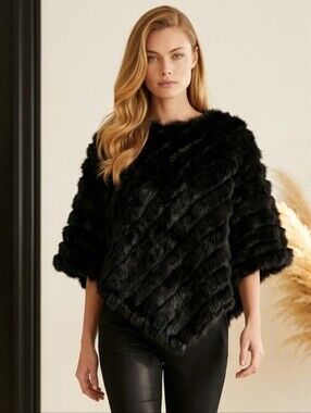 Genuine Rabbit Fur Poncho Shawl Cape Black